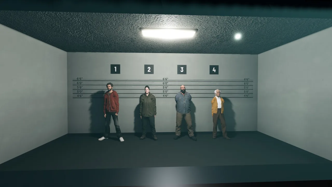 The line-up room: four men against the height chart, numbered one to four