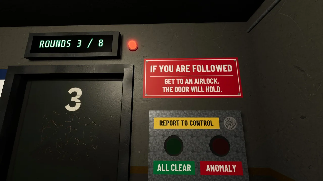 The report panel in the airlock: the counter reads ROUNDS 3 / 8, beside the ALL CLEAR and ANOMALY buttons