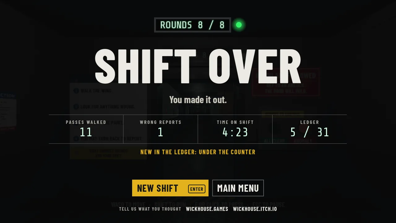 The end-of-shift card, with a new line under the numbers: NEW IN THE LEDGER: UNDER THE COUNTER
