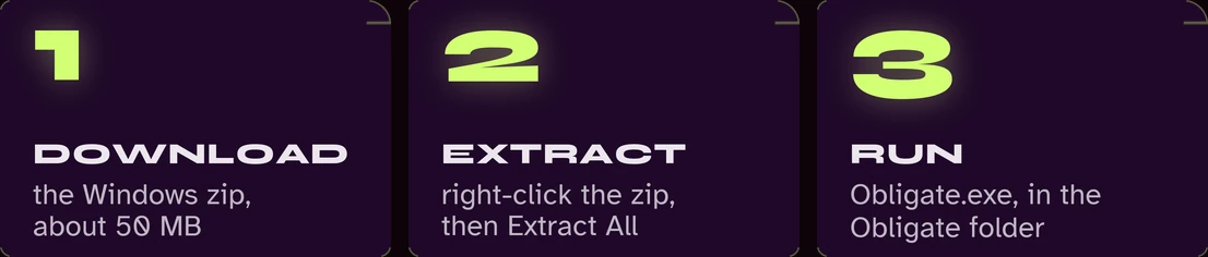 Three steps: download the Windows zip, extract it, run Obligate.exe
